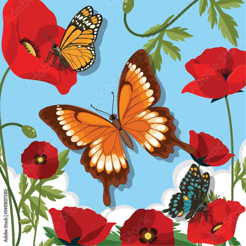 Vibrant Butterflies Among Red Poppies Vector Illustration