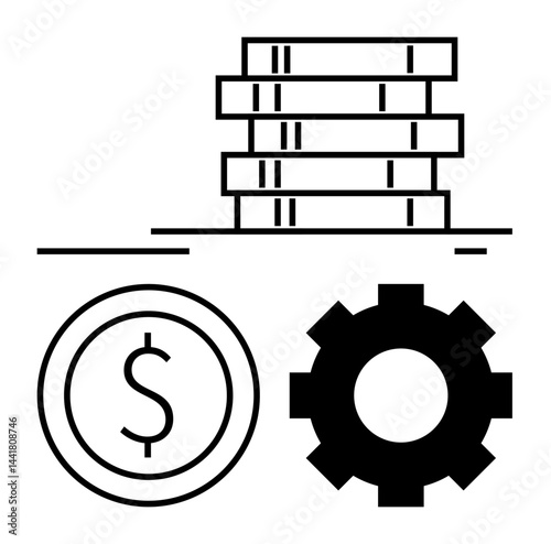 Stack of coins, dollar sign, and gear highlighting concepts of finance, investment, technology, and productivity. Ideal for business, fintech, market trends banking strategy economics simple