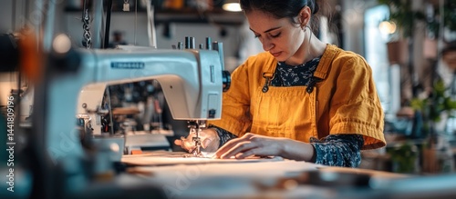 Woman sewing fabric, workshop, blurry background