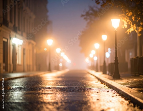 Misty Night City Street with Warm Lamplight