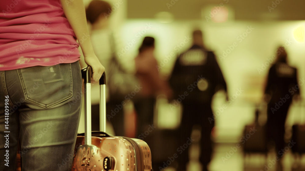 Distressed family holding luggage at airport terminal, travel anxiety and migration concept, worried parents with children waiting for flight departure.