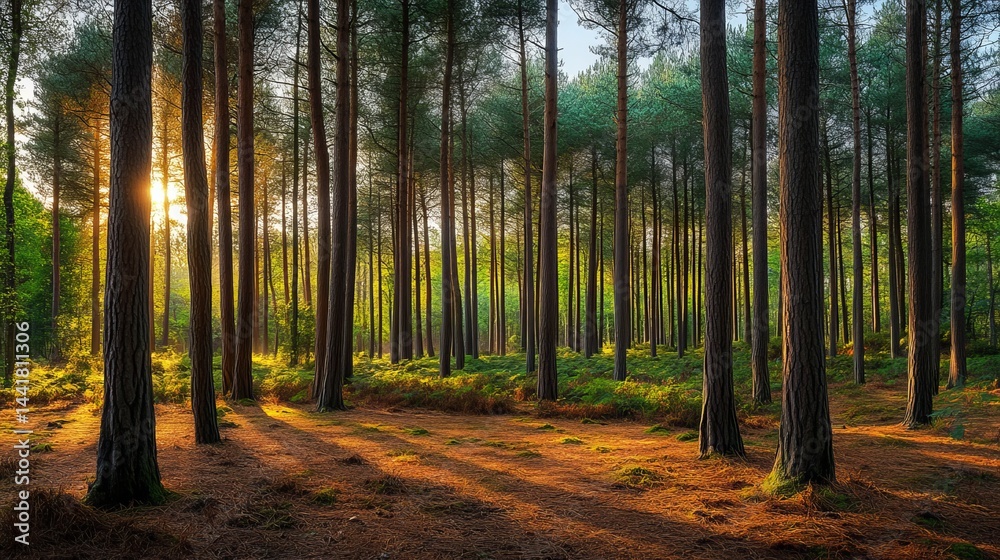 Fototapeta premium Golden sunlight streaming through tall pine forest trees calm park view woods green brown image photo