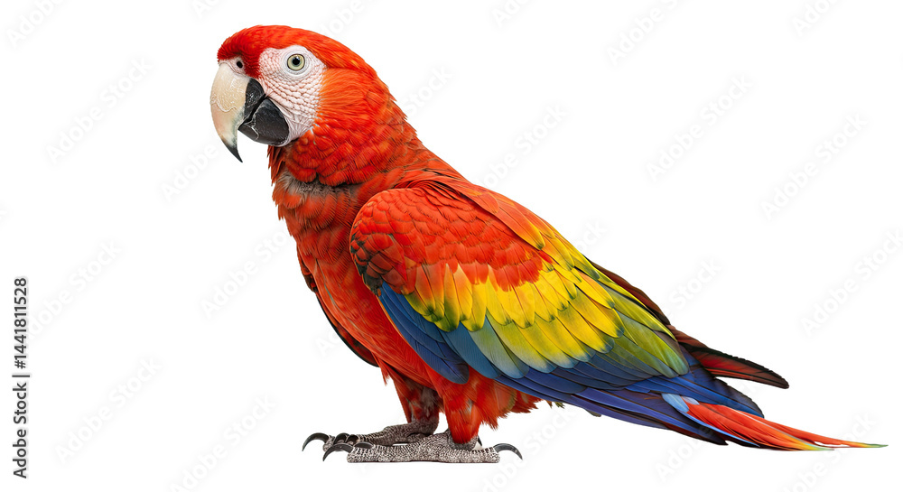 Fototapeta premium Scarlet Macaw Standing Proudly Isolated White Background Vivid Red Yellow Blue Feathers Sharp High Res Bird