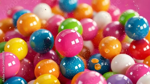 Colorful gum balls in mid-air on a pink background