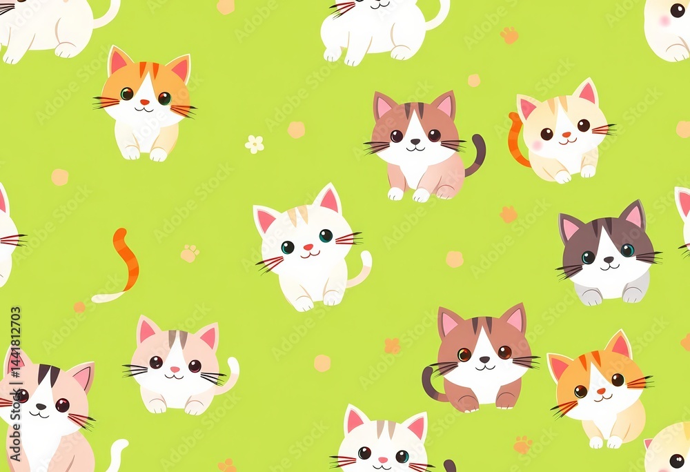 Seamless pattern featuring adorable cartoon cats on a vibrant green background Ample empty space for design use, seamless pattern, texture Seamless pattern featuring adorable cartoon cats on a vibrant green background Ample empty space for design use, seamless pattern, texture