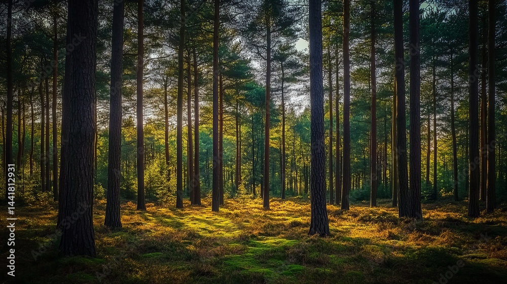 Fototapeta premium Golden sunlight illuminates tranquil pine forest scene peaceful nature woods background dark view