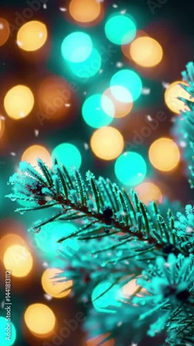 Fresh Snow Dusting Enhances the Delicate Details of an Evergreen in Macro View