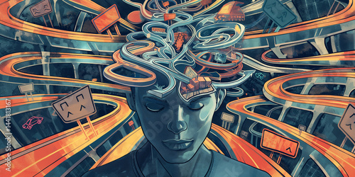 Mind crossroads: man’s head crammed with path lines splitting toward various symbols