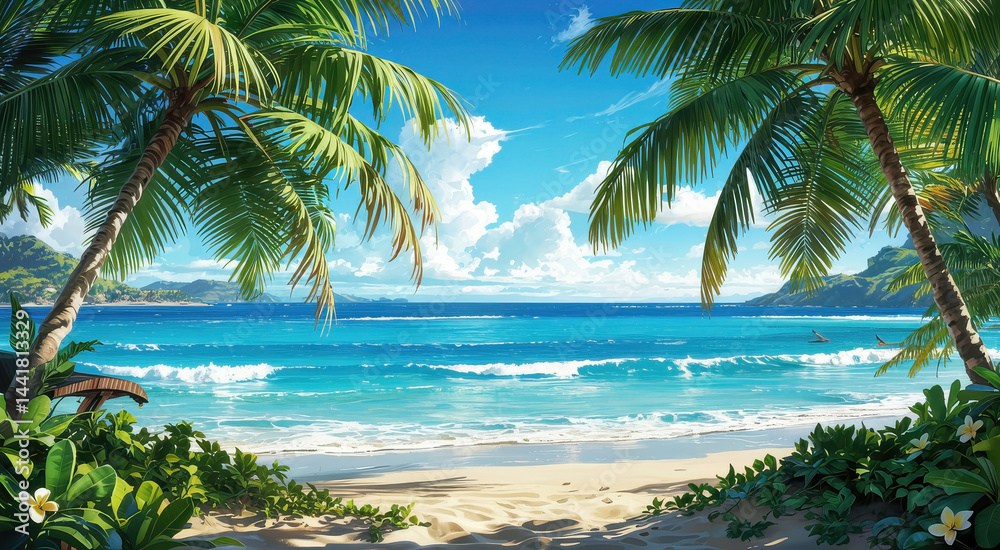 Tropical beach with clear turquoise water and palm trees