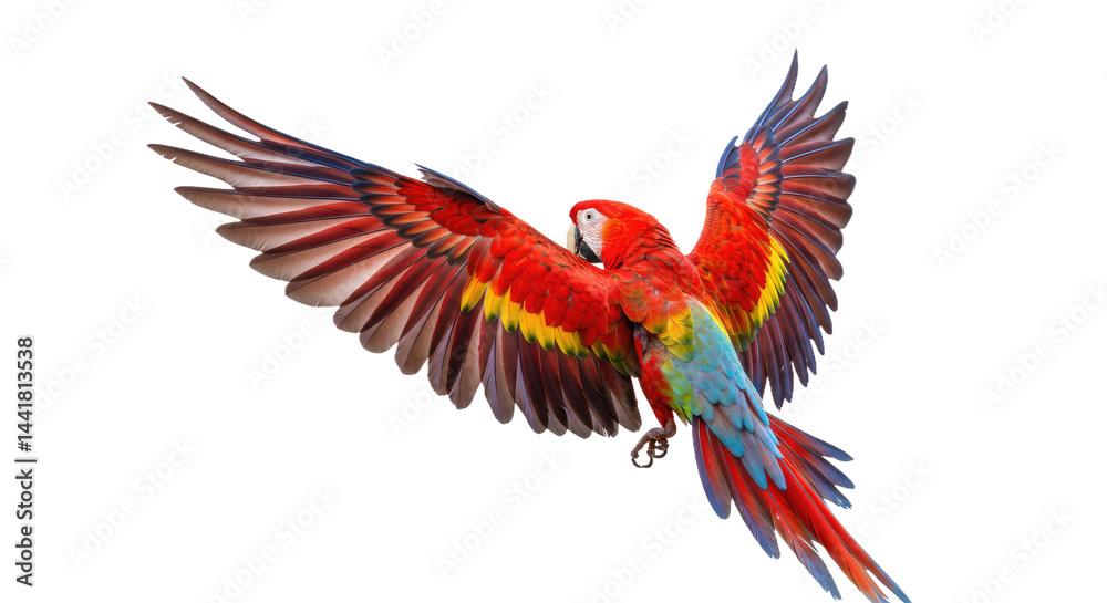 Obraz premium Scarlet Macaw Wing Stretch Isolated White Background Studio Shot Colorful Feathers Fanned Out Sharp Bird
