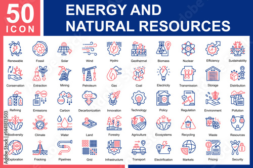 Energy and Natural Resources Icon Sheet and Collection with Outline Color 