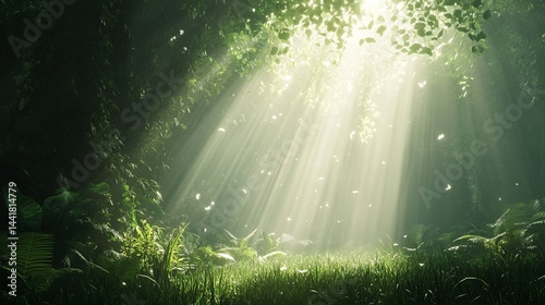 Fototapeta Naklejka Na Ścianę i Meble -  Magical sunbeams illuminate lush green forest canopy art dark rays light trees scene image grass