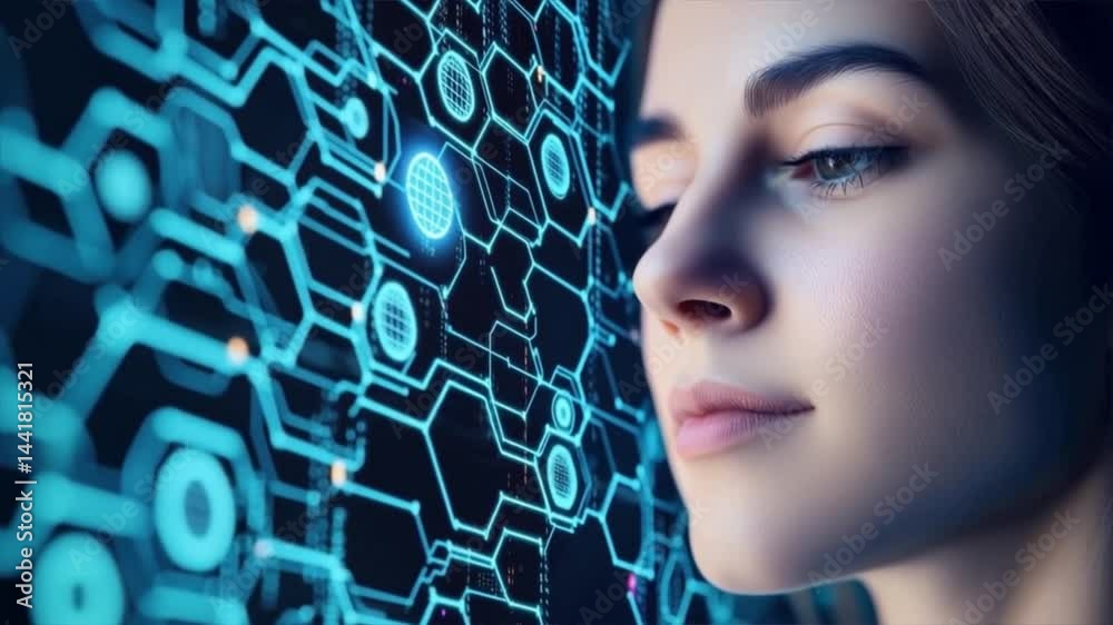A close-up profile of a woman engaged in futuristic technology, visibly inspired by digital innovation and creativity.