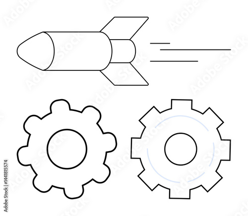 Rocket moving at speed above two mechanical gears symbolizing innovation, engineering, teamwork, and technological progress. Ideal for technology, innovation, engineering, teamwork, productivity