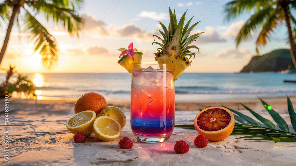 Colorful Tropical Cocktail on the Beach