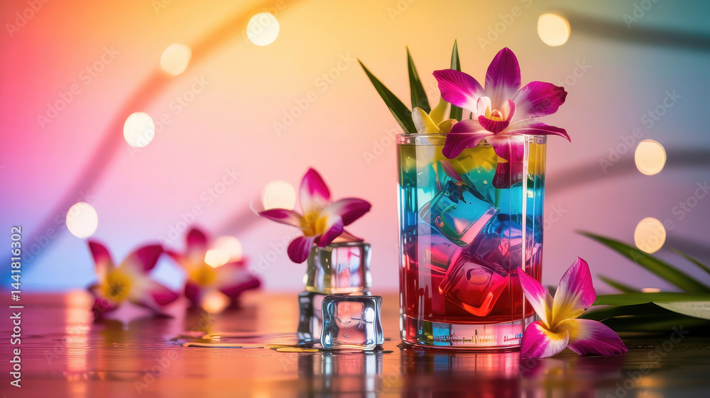 Tropical Drink with Ice and Orchids