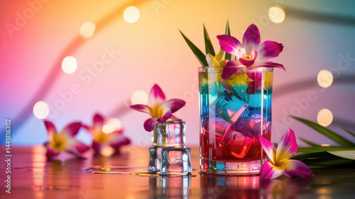 Tropical Drink with Ice and Orchids