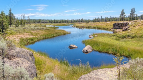 Serene landscape featuring a placid river winding through a grassy meadow.
