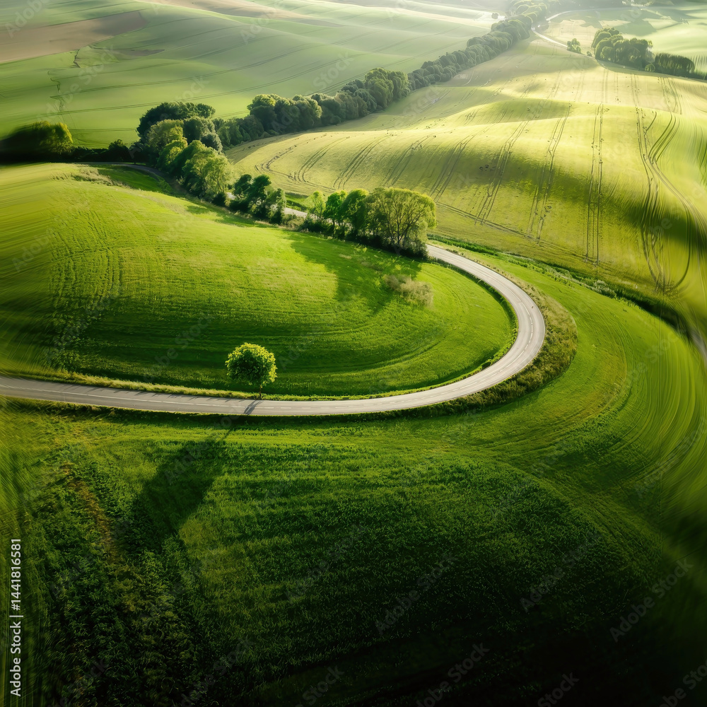 Curved Road in Lush Green Landscape