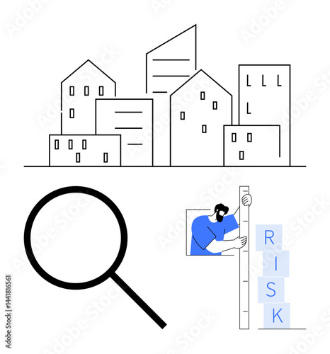 Black and white city buildings, magnifying glass for exploration, person measuring stacked risk blocks. Ideal for urban planning, analysis, inspection, risk management, research, teamwork simple