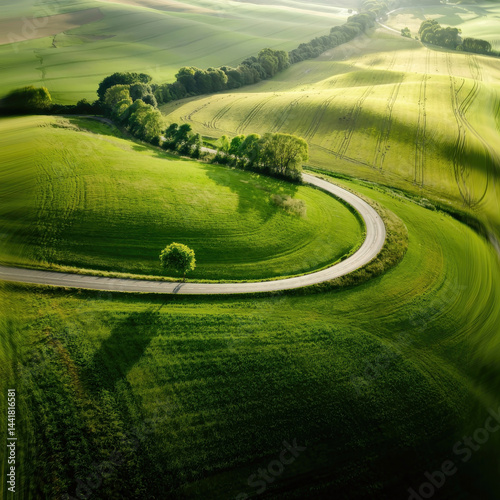 Obraz na płótnie Curved Road in Lush Green Landscape w salonie