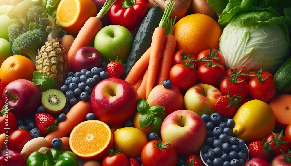 Close-up of fresh fruits and vegetables including tomatoes, apples, carrots, and berries, with natural light highlighting vivid colors, isolated on a clean background for commercial style. Close-up of fresh fruits and vegetables including tomatoes, apples, carrots, and berries, with natural light highlighting vivid colors, isolated on a clean background for commercial style.