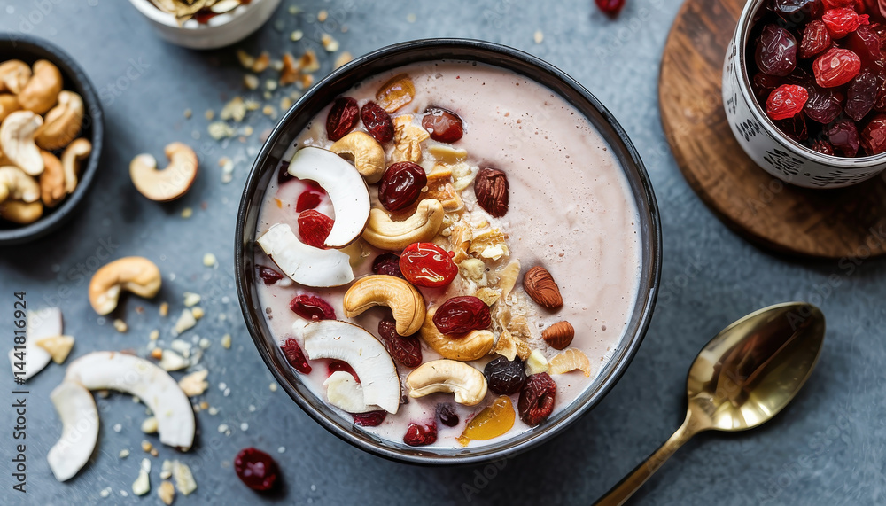 Healthy Smoothie Bowl with Cashews and Dried Fruit