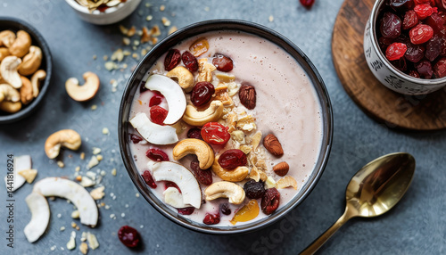 Obraz na płótnie Healthy Smoothie Bowl with Cashews and Dried Fruit w salonie