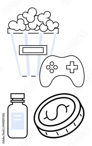 Popcorn bucket, gaming controller, medicine bottle, and coin as symbols of recreation, health, and finance. Ideal for wellness, gaming, leisure budgeting entertainment spending visualization