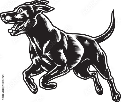 A bold vector design featuring a black linear silhouette of a dog in mid jump with open mouth showing teeth created in a continuous line art style on a white background