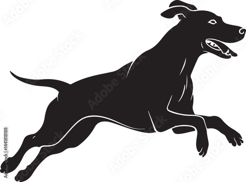 A dynamic black linear vector illustration of a dog silhouette showing a jumping and running action isolated on a white background with open mouth revealing sharp teeth
