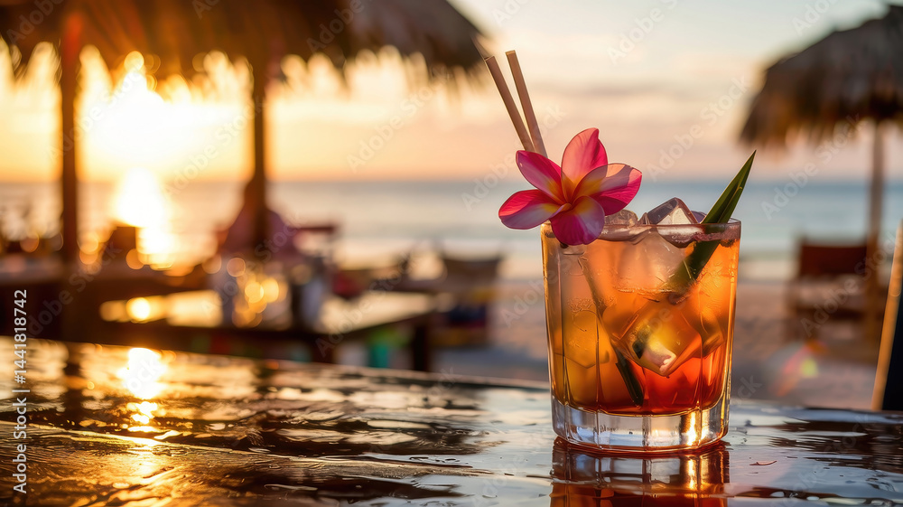 Sunset Cocktail on the Beach with Tropical Garnish