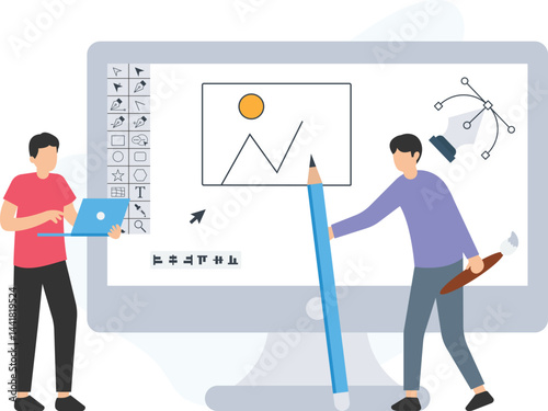 Two graphic designers are collaborating on a project, utilizing a large computer monitor and editing software to create digital art, employing tools like a pencil and brush

