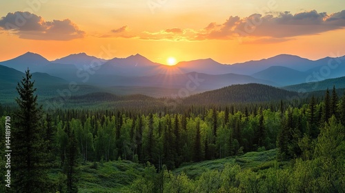 Majestic sunset over a vast green forest and mountain range landscape sky view calm wild trees photo