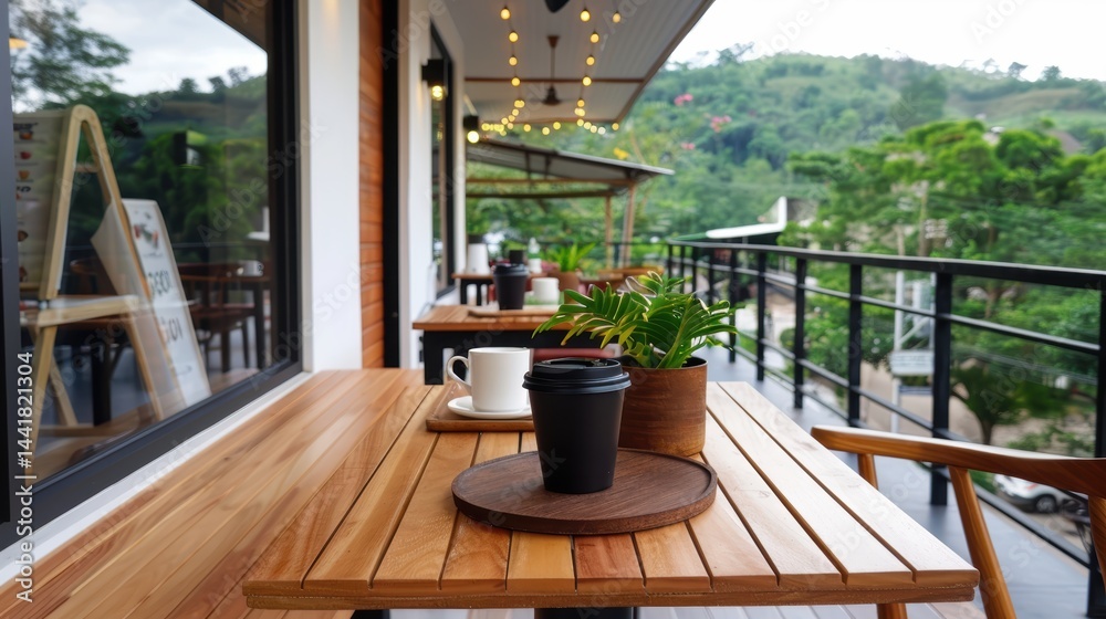 Obraz premium Outdoor cafe terrace with wooden tables, coffee cups, potted plants, string lights, and a scenic view of lush green hills.