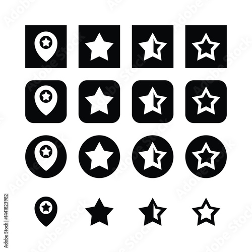 Black And White Star Icons And Location Pin Set For Web And Ui Design Projects