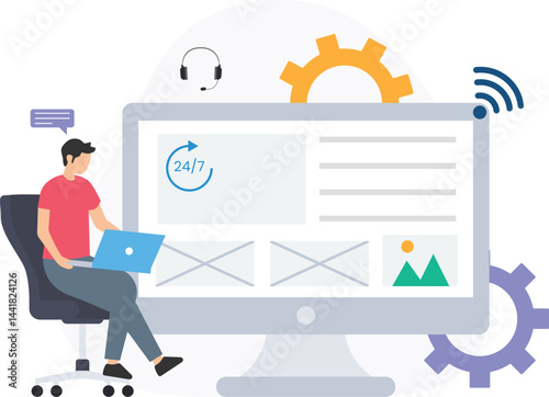 Website designer developing a site with 24/7 online support, working on a laptop in an office chair, surrounded by icons of communication, settings, and connectivity

