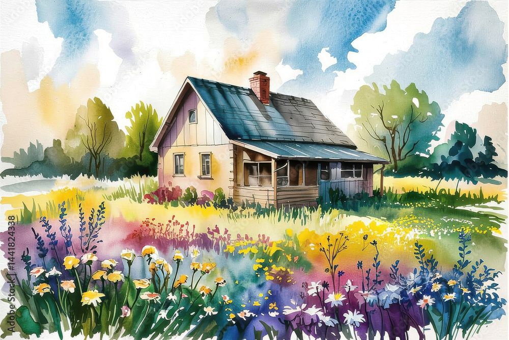 Watercolor House Surrounded by Flowers