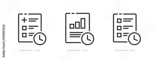 Task form check list time icon list stroke graphic set, analysis audit quick urgent report outline sign symbol pictogram simple, exam test stats document with clock, education study fast review  
