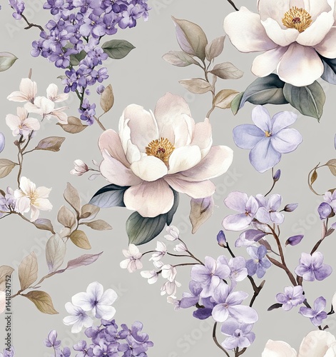 Floral Watercolor Pattern with Magnolia and Lilac Flowers