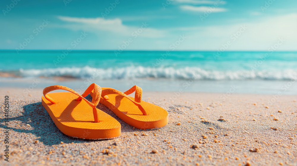 Orange flip-flops lying on warm sandy beach with turquoise ocean waves, bright blue sky and gentle sunlight, peaceful summer travel and relaxation holiday concept.