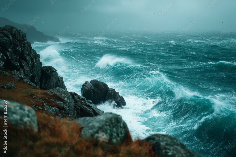 Fototapeta premium Turbulent Atlantic Ocean Crashing Against Rocky Coastline Under Overcast Sky, Dramatic Teal Water and Waves with Coastal Cliffside