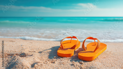 Obraz na płótnie Orange flip-flops lying on warm sandy beach with turquoise ocean waves, bright blue sky and gentle sunlight, peaceful summer travel and relaxation holiday concept. w salonie