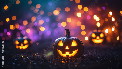 A beautifully lit Halloween scene featuring grinning jack-o'-lanterns with blurred colorful lights.