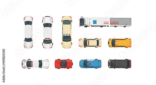 Top View Collection of Various Vehicles: Cars, Trucks, and Emergency Vehicles