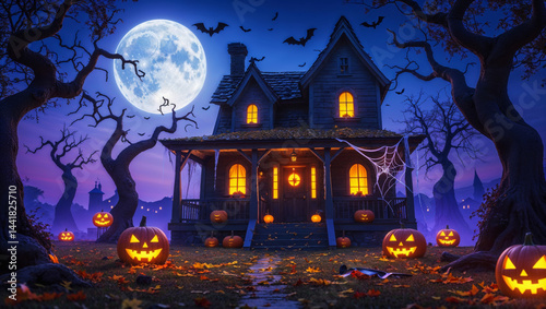 A spooky haunted house scene with jack-o'-lanterns under a bright full moon on Halloween night.
