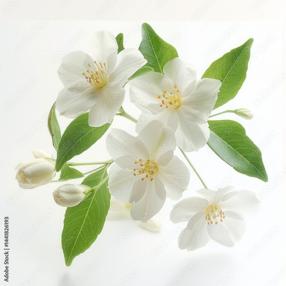 Fototapeta premium delicate white flowers with soft petals and yellow stamens accompanied by vibrant green leaves on thin stems evoking a sense of freshness and purity against a bright background