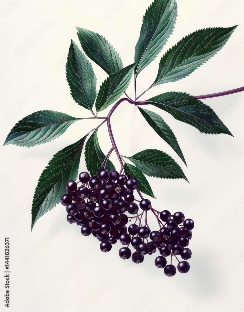Obraz premium Cluster of dark purple berries hanging from a branch with multiple green serrated leaves on a white background, detailed botanical illustration evoking natural freshness and calm