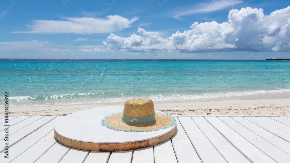 Straw hat on a wooden deck by the sea