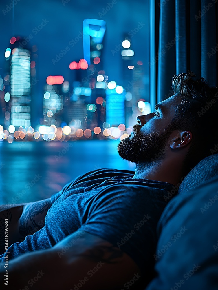 Obraz premium Relaxed man resting by a window, city view